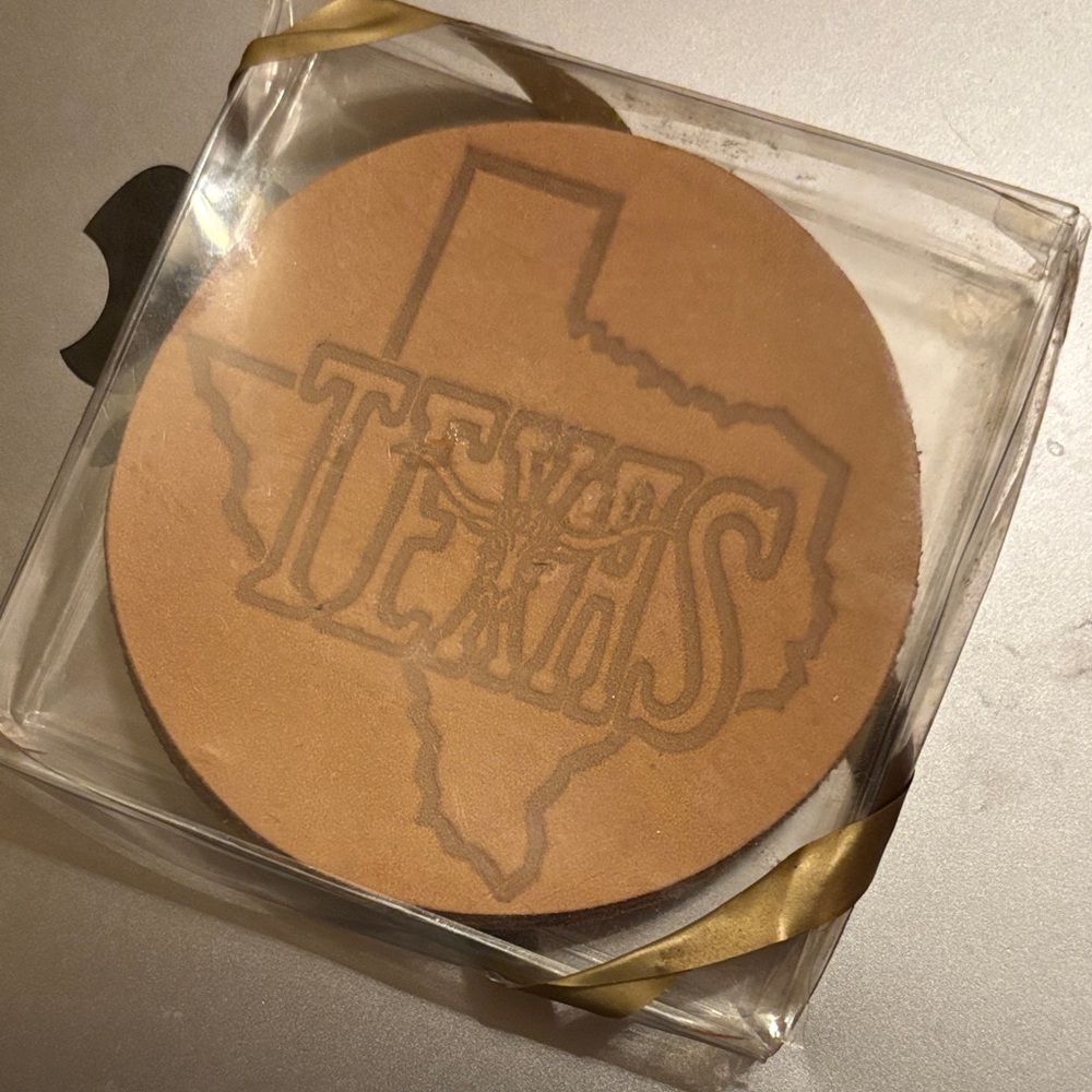 Vintage, leather 1 set of 3 round coasters with Texas state leather coasters.